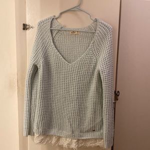 V-Neck Textured Knit Sweater with Lace Trim Hem
